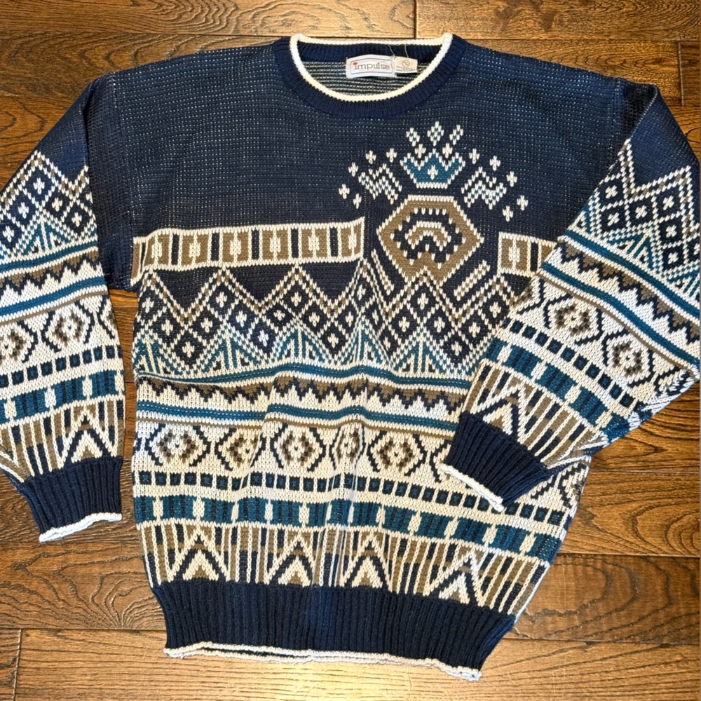 Vintage Nordic Geometric Knit Sweater – Navy / Cream / Taupe (M)